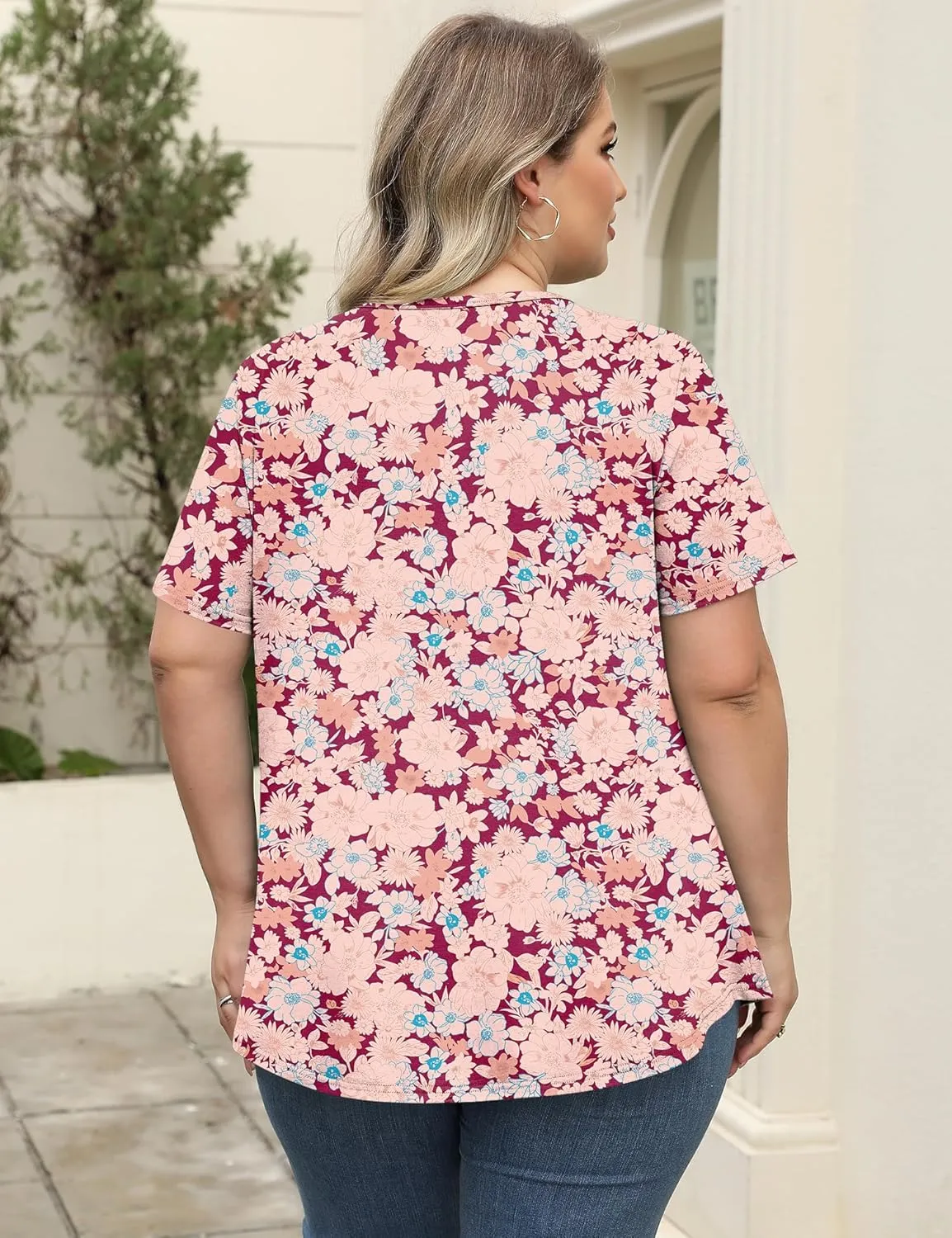LOMON Womens Plus Size Tops Short Sleeve Shirts V Neck Pleated Keyhole Blouse Summer Casual Loose Tunic Tee 1X-5X