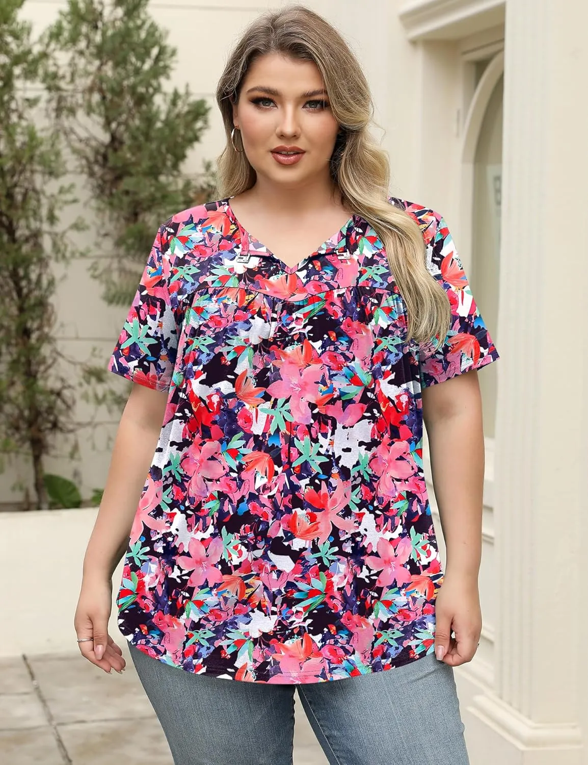 LOMON Womens Plus Size Tops Short Sleeve Shirts V Neck Pleated Keyhole Blouse Summer Casual Loose Tunic Tee 1X-5X