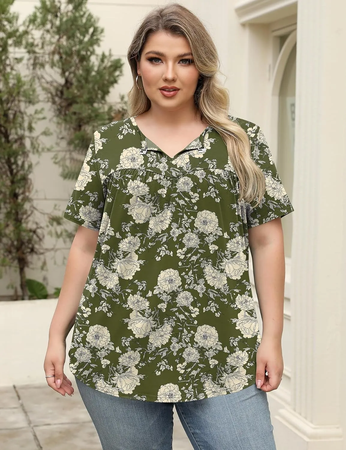 LOMON Womens Plus Size Tops Short Sleeve Shirts V Neck Pleated Keyhole Blouse Summer Casual Loose Tunic Tee 1X-5X