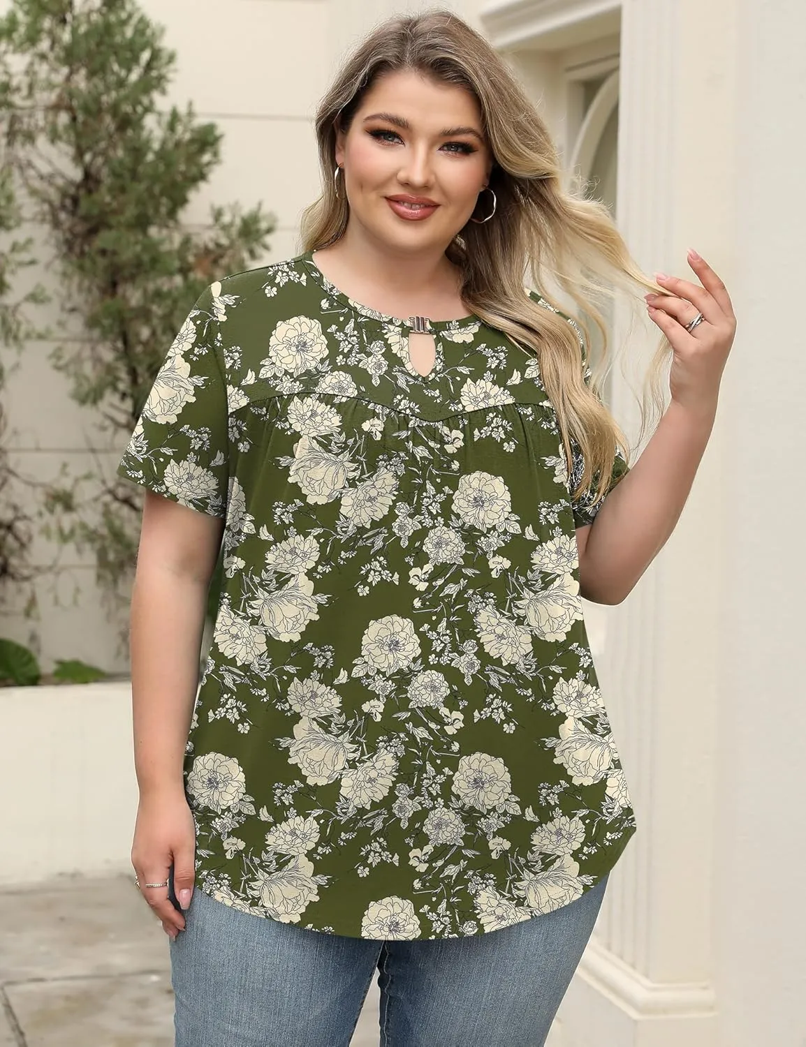 LOMON Womens Plus Size Tops Short Sleeve Shirts V Neck Pleated Keyhole Blouse Summer Casual Loose Tunic Tee 1X-5X