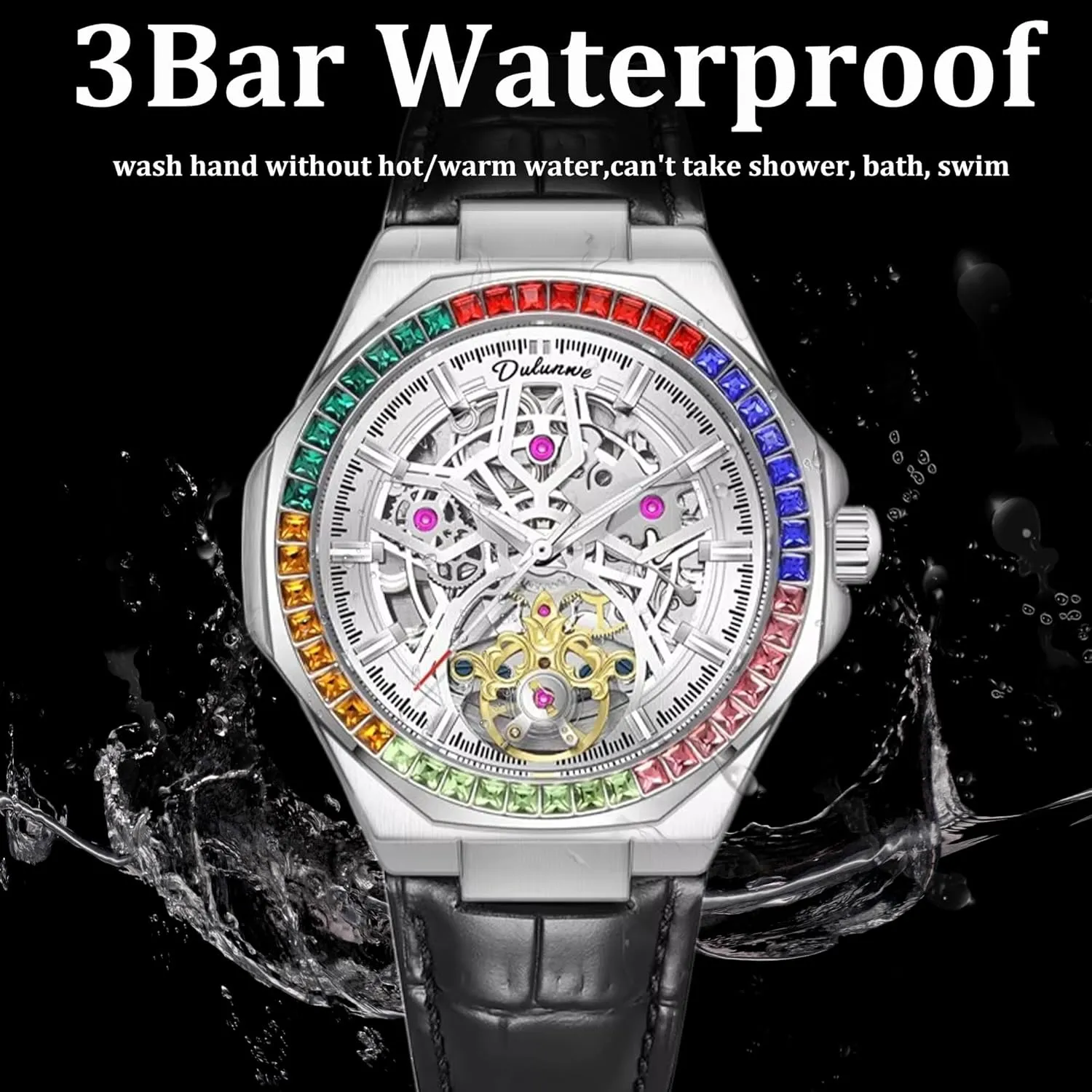 Luxury Mens Mechanical Watches Stainless Steel Waterproof Automatic Watch Skeleton Flywheel Male Wristwatch Rainbow Diamond Bezel Man Clock