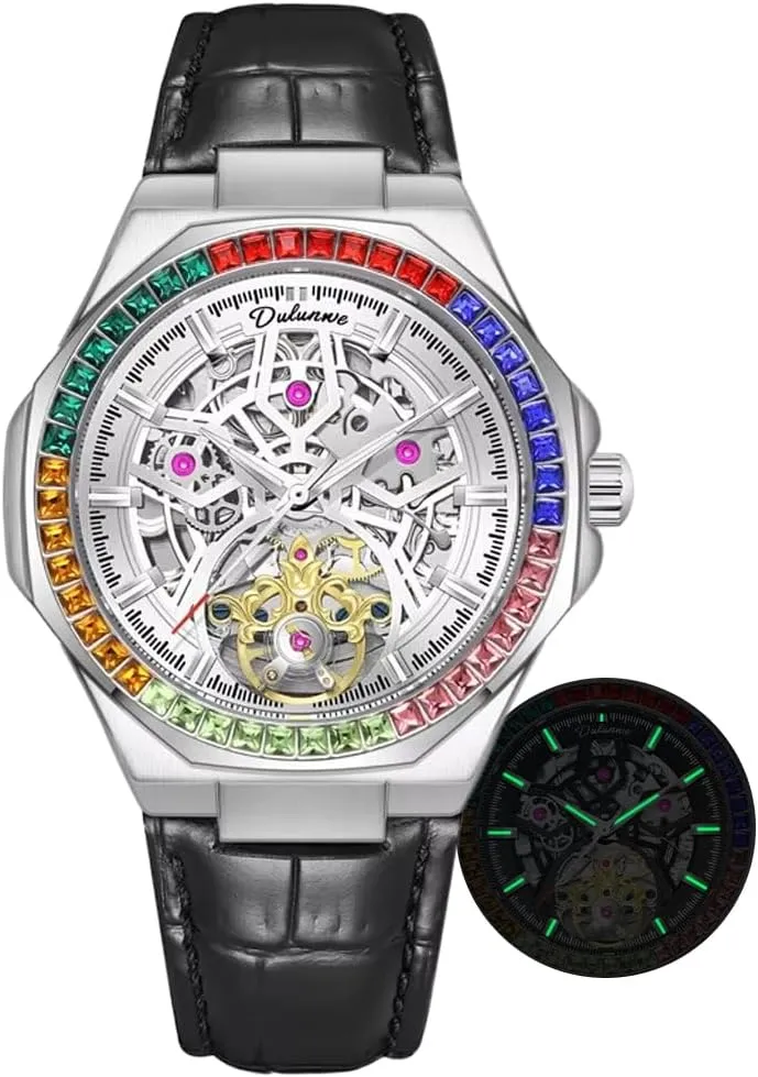 Luxury Mens Mechanical Watches Stainless Steel Waterproof Automatic Watch Skeleton Flywheel Male Wristwatch Rainbow Diamond Bezel Man Clock