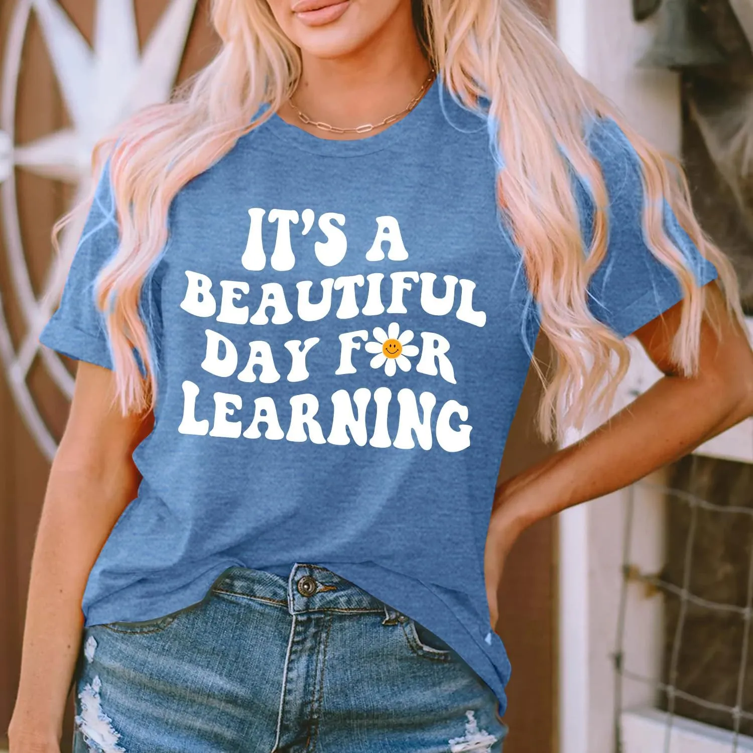 MAIHUN Women Teacher Life Shirt Teacher Gift Short Sleeve Shirts It s a Beautiful Day for Learning T-Shirt