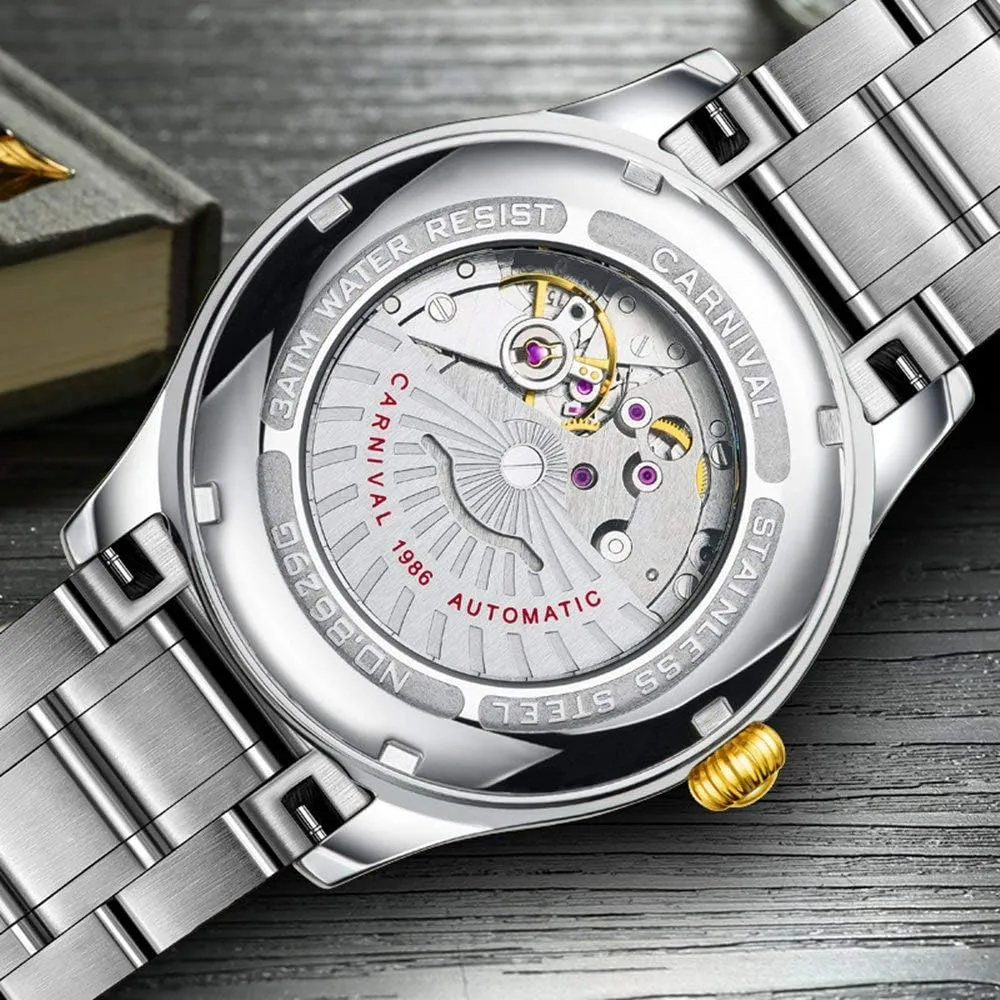 MASTOP Men's Business Automatic Self Wind Watch Stainless Steel Waterproof Luminous Bezel Inlay Crystals Watch