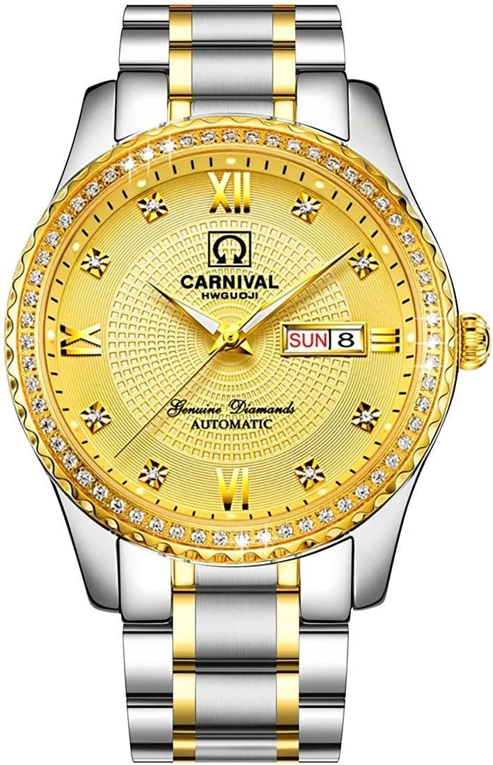 MASTOP Men's Business Automatic Self Wind Watch Stainless Steel Waterproof Luminous Bezel Inlay Crystals Watch