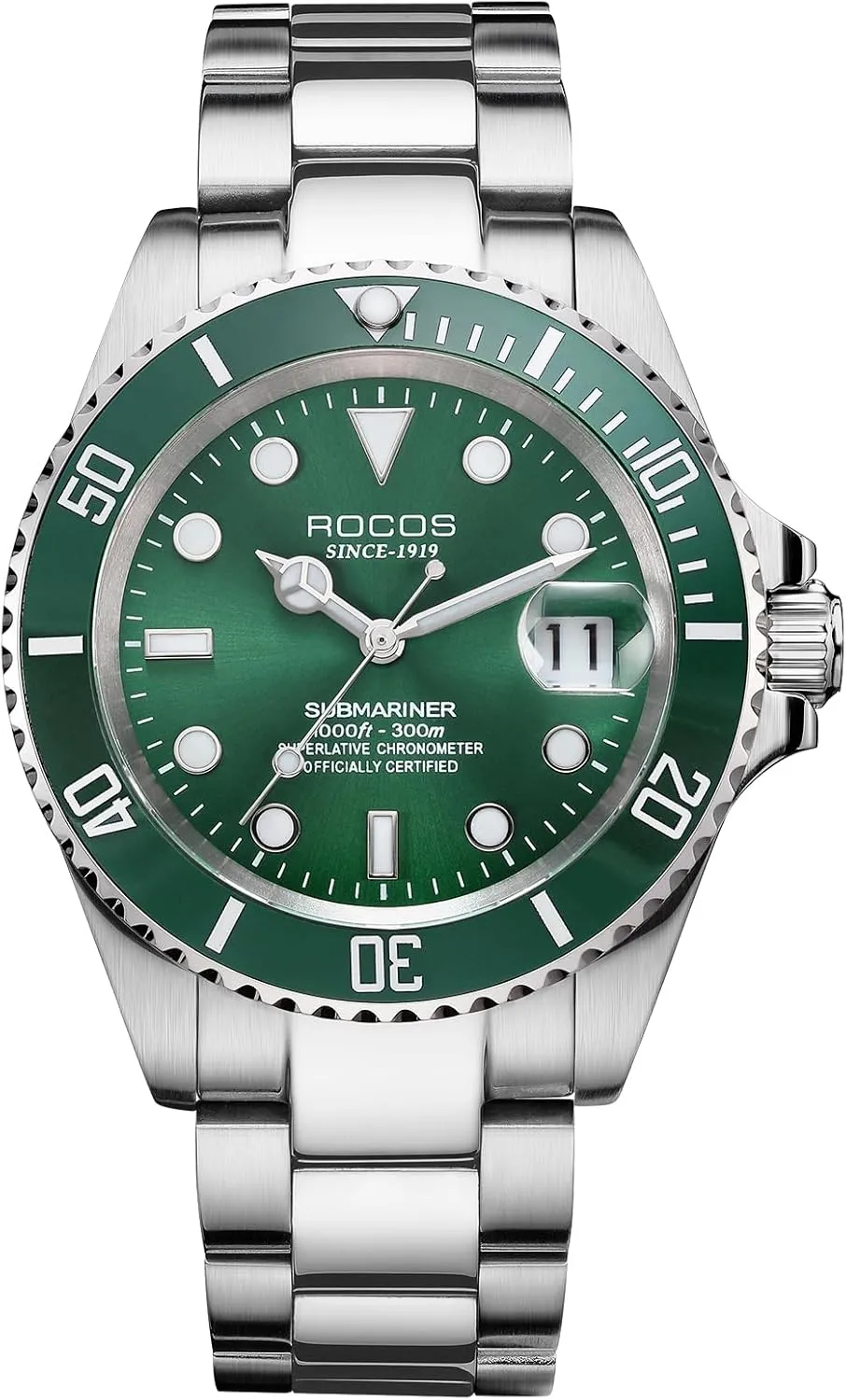 Men's Automatic Mechanical Watch Black/Green Dial Ceramic Bezel Waterproof Luminous Calendar Display Stainless Steel Adjustable Strap Gifts R0158