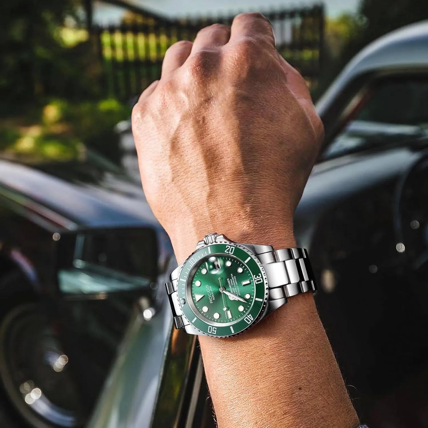 Men's Automatic Mechanical Watch Black/Green Dial Ceramic Bezel Waterproof Luminous Calendar Display Stainless Steel Adjustable Strap Gifts R0158