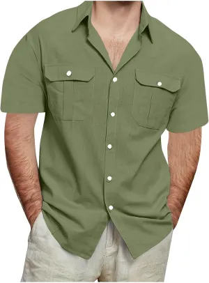 Men's Button Down Short Sleeve Shirt Casual Cotton Linen Beach Tops Plus Size Collared Basic Shirts Holiday Outfits