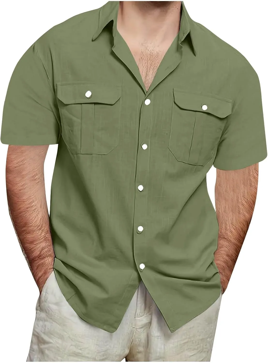 Men's Button Down Short Sleeve Shirt Casual Cotton Linen Beach Tops Plus Size Collared Basic Shirts Holiday Outfits