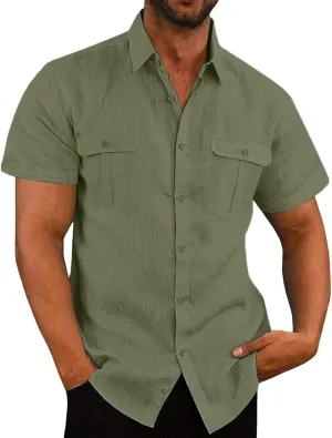 Mens Button Down Short Sleeve Shirts Summer Business Casual T Shirts Cotton Hawaiian Beach Tops Holiday Vacation Clothes
