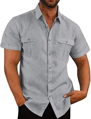 Mens Button Down Short Sleeve Shirts Summer Business Casual T Shirts Cotton Hawaiian Beach Tops Holiday Vacation Clothes