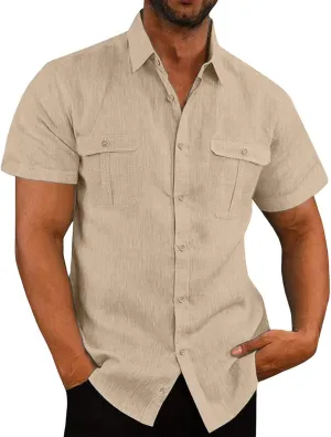 Mens Button Down Short Sleeve Shirts Summer Business Casual T Shirts Cotton Hawaiian Beach Tops Holiday Vacation Clothes