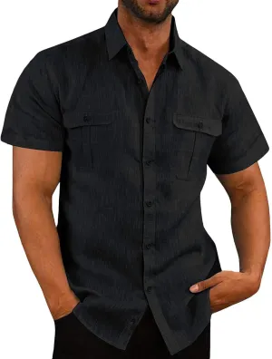 Mens Button Down Short Sleeve Shirts Tall Mens Fashion Casual Lapel Cotton Linen Solid Shirts with 2 Breast Pocket