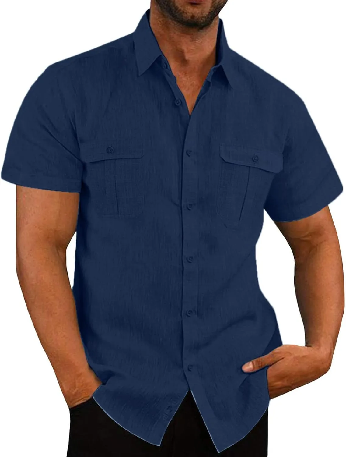 Mens Button Down Short Sleeve Shirts Tall Mens Fashion Casual Lapel Cotton Linen Solid Shirts with 2 Breast Pocket