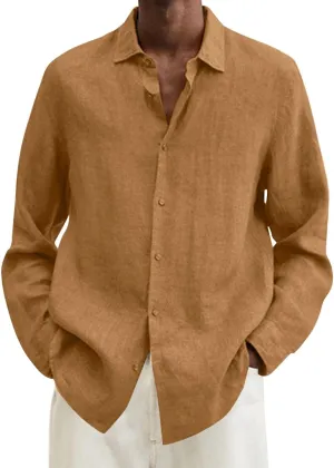 Men's Casual Button Down Shirt Regular Fit Long Sleeve Linen Chambray Shirt Solid Holiday Travel Shirt Fall Tops