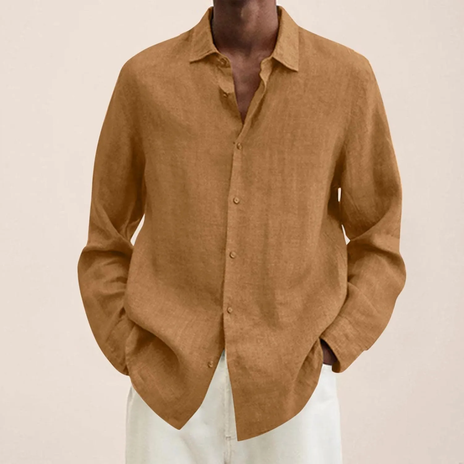 Men's Casual Button Down Shirt Regular Fit Long Sleeve Linen Chambray Shirt Solid Holiday Travel Shirt Fall Tops