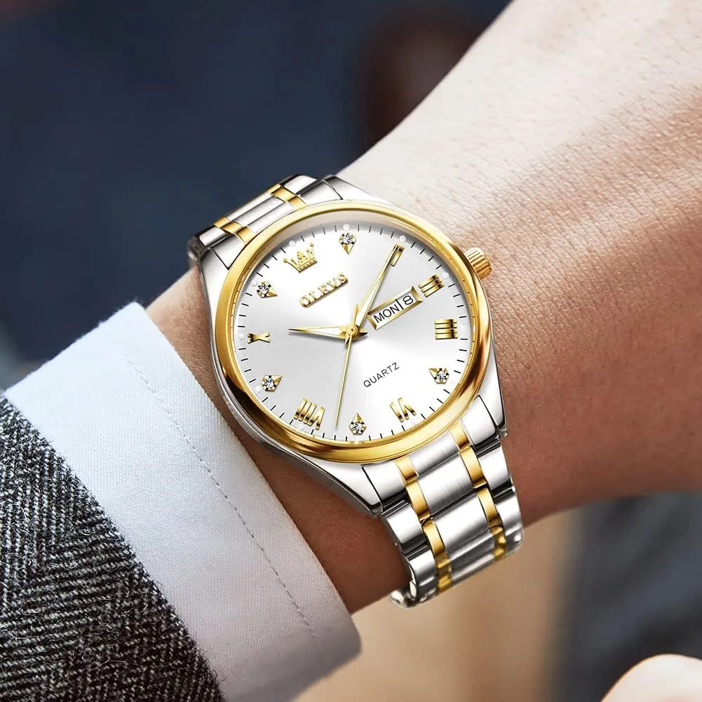 Men's Casual Stainless Steel Watch, Big Face Easy to Read Analog Quartz Watch with Day and Date, Classic Waterproof Diamond Roman Arabic Numerals Dial Dress Watch for Men, Gold Silver Black Band
