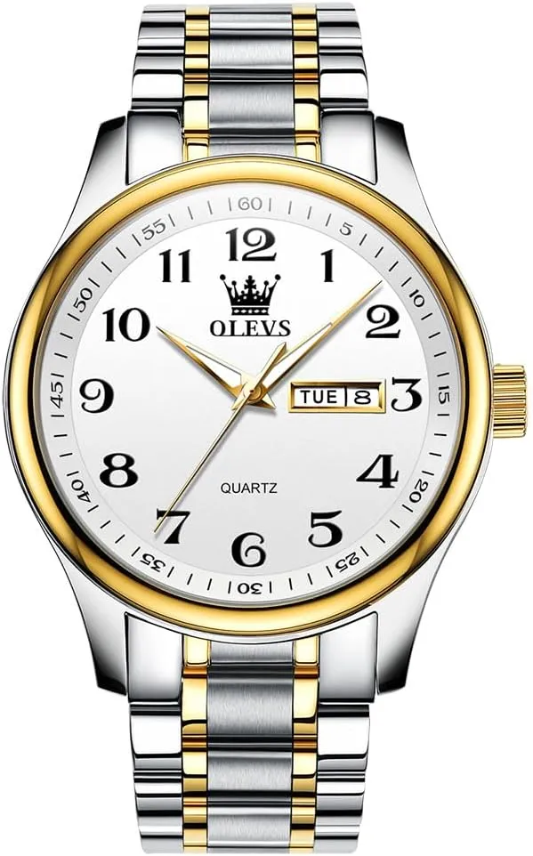 Men's Casual Stainless Steel Watch, Big Face Easy to Read Analog Quartz Watch with Day and Date, Classic Waterproof Diamond Roman Arabic Numerals Dial Dress Watch for Men, Gold Silver Black Band