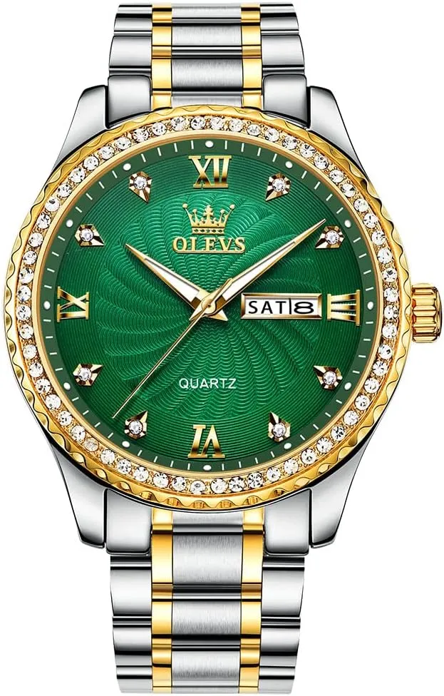 Men's Casual Stainless Steel Watch, Big Face Easy to Read Analog Quartz Watch with Day and Date, Classic Waterproof Diamond Roman Arabic Numerals Dial Dress Watch for Men, Gold Silver Black Band