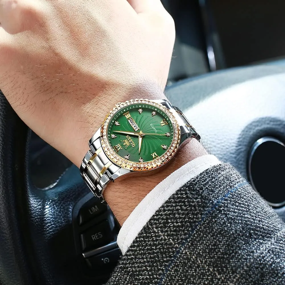 Men's Casual Stainless Steel Watch, Big Face Easy to Read Analog Quartz Watch with Day and Date, Classic Waterproof Diamond Roman Arabic Numerals Dial Dress Watch for Men, Gold Silver Black Band