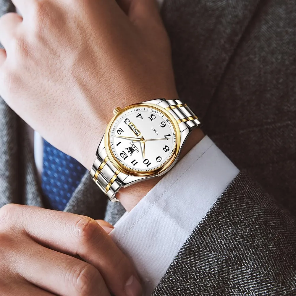 Men's Casual Stainless Steel Watch, Big Face Easy to Read Analog Quartz Watch with Day and Date, Classic Waterproof Diamond Roman Arabic Numerals Dial Dress Watch for Men, Gold Silver Black Band