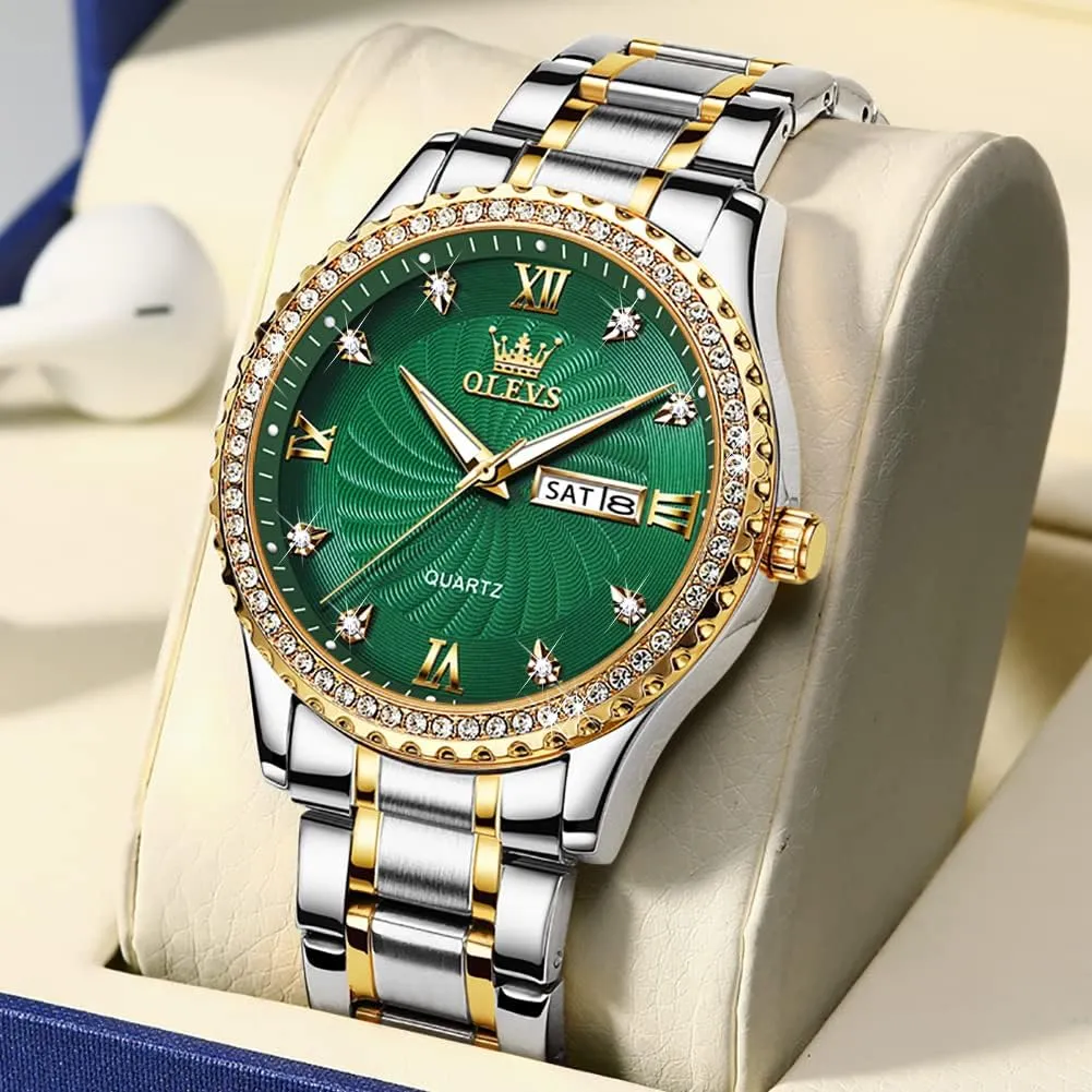 Men's Casual Stainless Steel Watch, Big Face Easy to Read Analog Quartz Watch with Day and Date, Classic Waterproof Diamond Roman Arabic Numerals Dial Dress Watch for Men, Gold Silver Black Band
