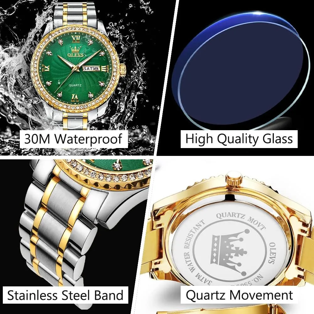 Men's Casual Stainless Steel Watch, Big Face Easy to Read Analog Quartz Watch with Day and Date, Classic Waterproof Diamond Roman Arabic Numerals Dial Dress Watch for Men, Gold Silver Black Band