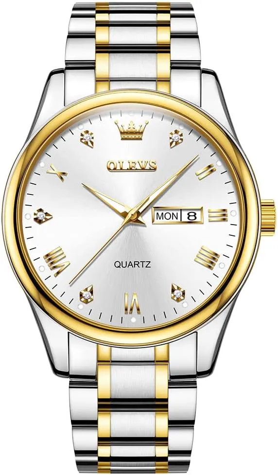 Men's Casual Stainless Steel Watch, Big Face Easy to Read Analog Quartz Watch with Day and Date, Classic Waterproof Diamond Roman Arabic Numerals Dial Dress Watch for Men, Gold Silver Black Band