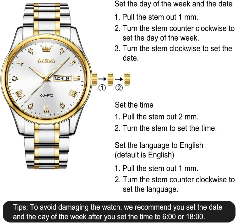 Men's Casual Stainless Steel Watch, Big Face Easy to Read Analog Quartz Watch with Day and Date, Classic Waterproof Diamond Roman Arabic Numerals Dial Dress Watch for Men, Gold Silver Black Band
