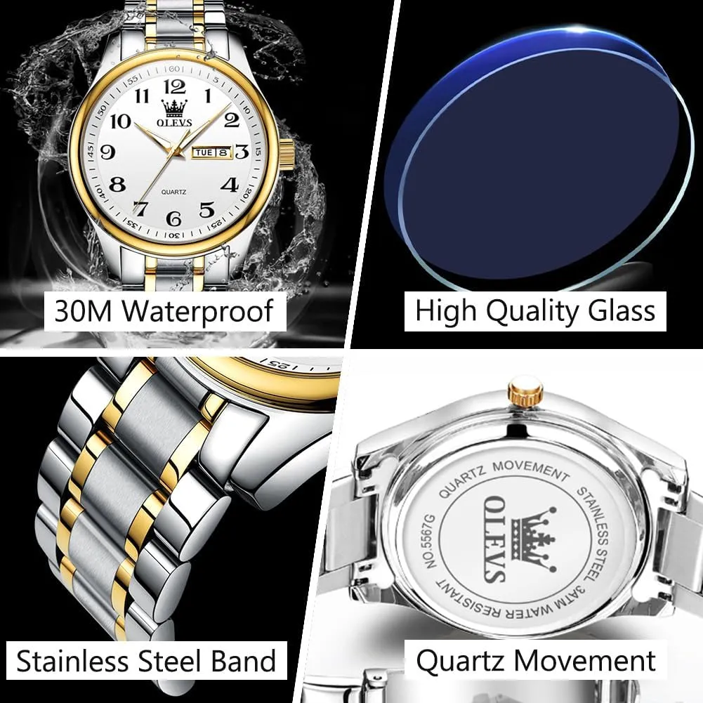 Men's Casual Stainless Steel Watch, Big Face Easy to Read Analog Quartz Watch with Day and Date, Classic Waterproof Diamond Roman Arabic Numerals Dial Dress Watch for Men, Gold Silver Black Band