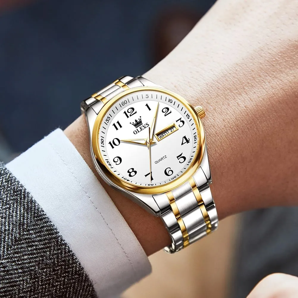 Men's Casual Stainless Steel Watch, Big Face Easy to Read Analog Quartz Watch with Day and Date, Classic Waterproof Diamond Roman Arabic Numerals Dial Dress Watch for Men, Gold Silver Black Band