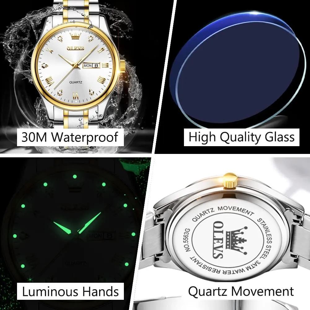 Men's Casual Stainless Steel Watch, Big Face Easy to Read Analog Quartz Watch with Day and Date, Classic Waterproof Diamond Roman Arabic Numerals Dial Dress Watch for Men, Gold Silver Black Band