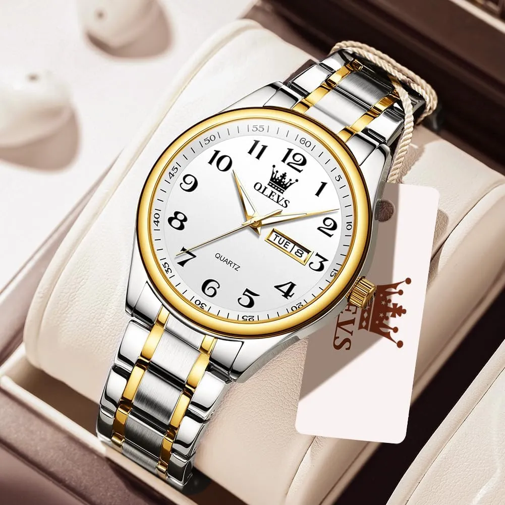 Men's Casual Stainless Steel Watch, Big Face Easy to Read Analog Quartz Watch with Day and Date, Classic Waterproof Diamond Roman Arabic Numerals Dial Dress Watch for Men, Gold Silver Black Band