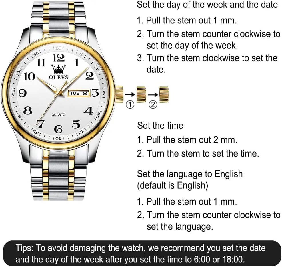 Men's Casual Stainless Steel Watch, Big Face Easy to Read Analog Quartz Watch with Day and Date, Classic Waterproof Diamond Roman Arabic Numerals Dial Dress Watch for Men, Gold Silver Black Band