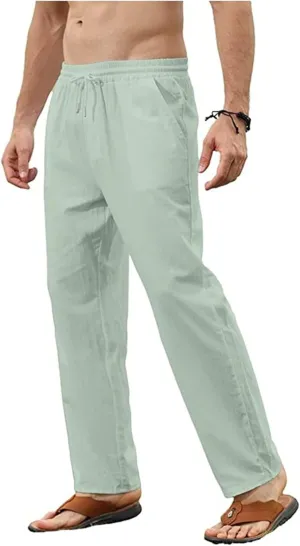 Mens Cotton Linen Pants Elastic Waist Casual Classic Lightweight Slim Fit Solid Sweatpants Outdoor Business Trousers