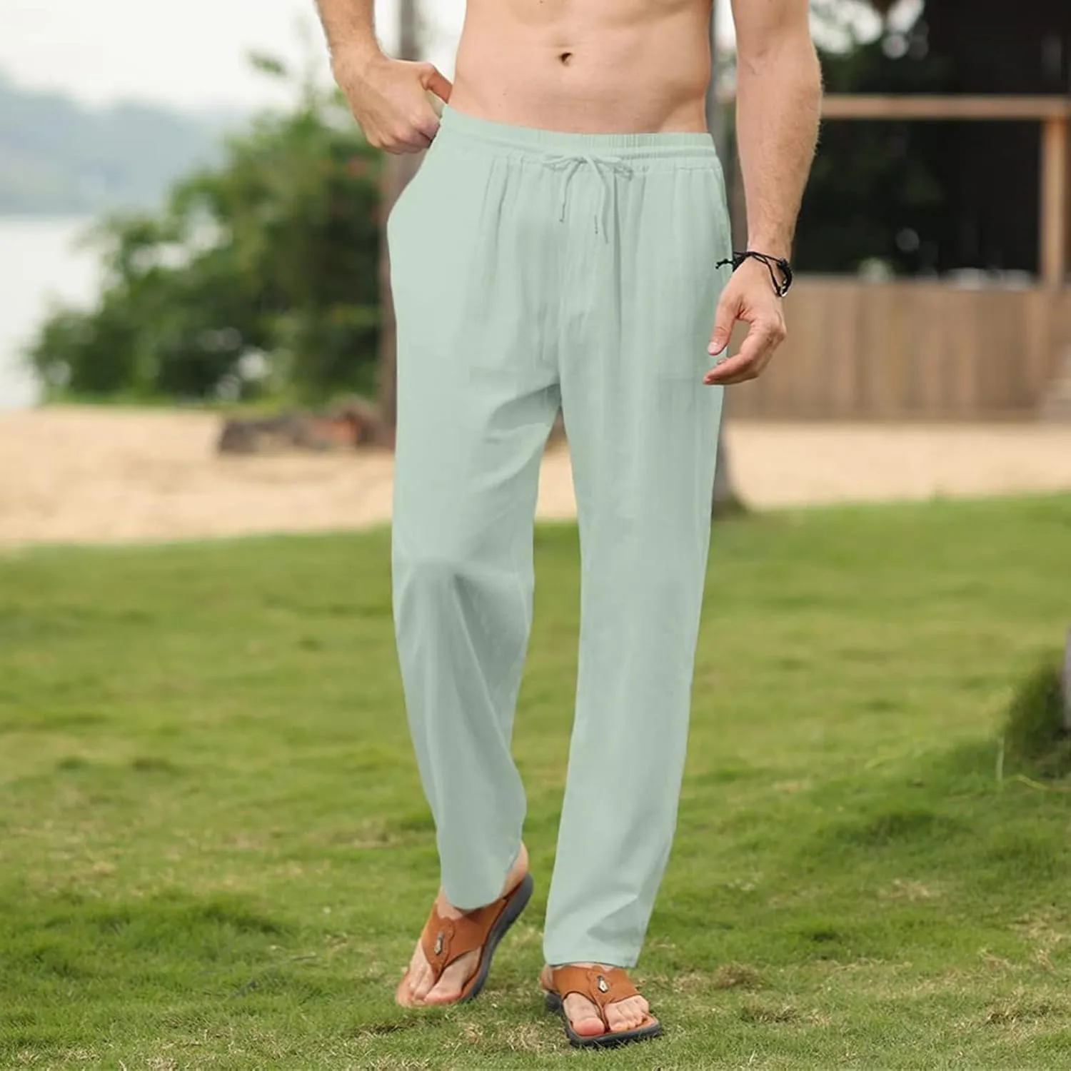 Mens Cotton Linen Pants Elastic Waist Casual Classic Lightweight Slim Fit Solid Sweatpants Outdoor Business Trousers