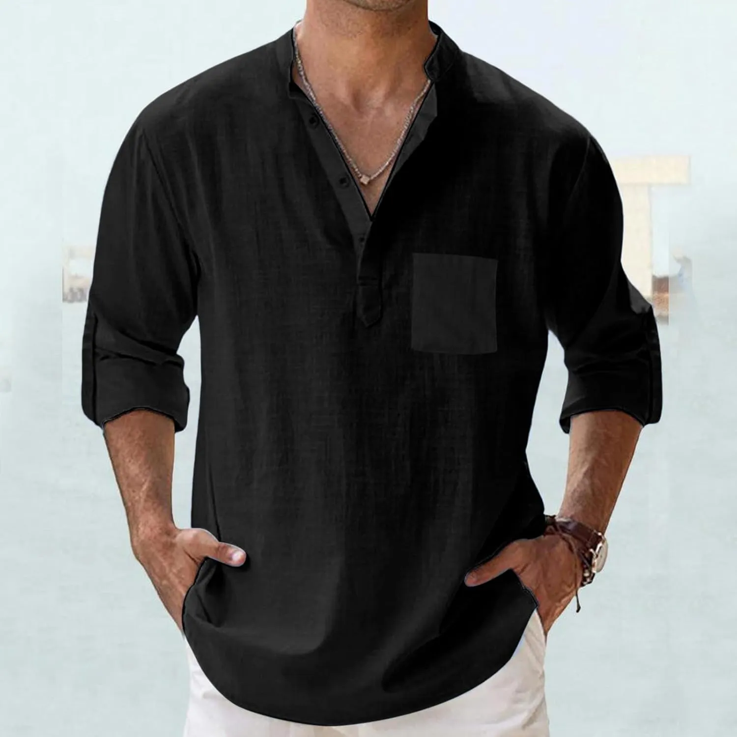 Mens Cotton Linen Shirt Henley T-Shirts Casual Button Beach Summer Short Business Dress Top Solid Lapel Tee Shirt