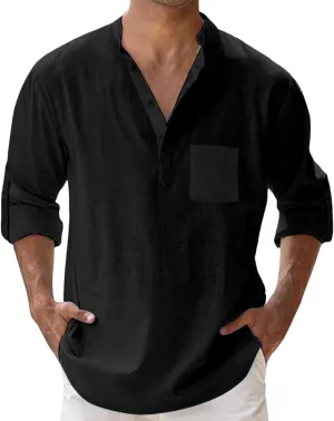 Mens Cotton Linen Shirt Henley T-Shirts Casual Button Beach Summer Short Business Dress Top Solid Lapel Tee Shirt