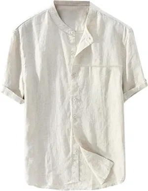 Mens Cotton Linen Short Sleeve Tops Button Down Shirts Casual Stylish Loose Fit Beach Shirt Vacation Hawaiian Outfits