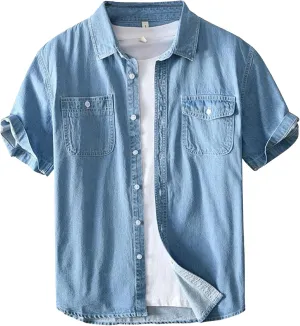 Men's Denim Shirts Lightweight Short Sleeve Button Down Shirts Casual Stylish Cotton Shirt with Pockets