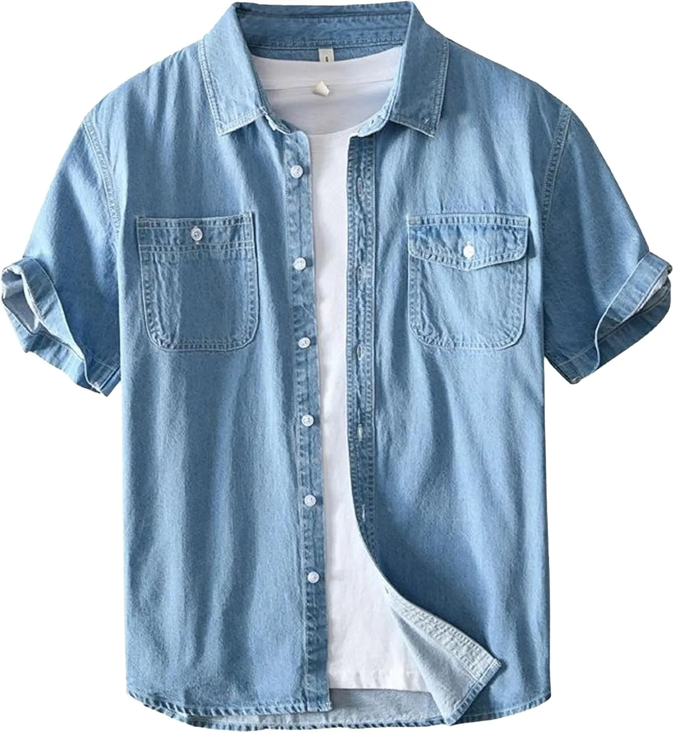 Men's Denim Shirts Lightweight Short Sleeve Button Down Shirts Casual Stylish Cotton Shirt with Pockets