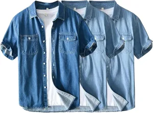 Men's Denim Shirts Lightweight Short Sleeve Button Down Shirts Casual Stylish Cotton Shirt with Pockets