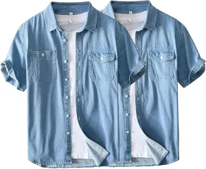 Men's Denim Shirts Lightweight Short Sleeve Button Down Shirts Casual Stylish Cotton Shirt with Pockets