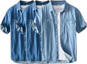 Men's Denim Shirts Lightweight Short Sleeve Button Down Shirts Casual Stylish Cotton Shirt with Pockets