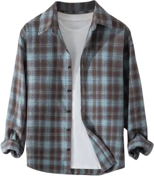 Mens Dress Shirts Long Sleeve Flannel Shirt with Pocket Warm Casual Soft Button Down Plaid Vintage Shirt Plus Size