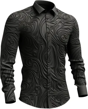 Mens Fashion Dress Shirts Texture 3D Print Long Sleeve Button Down Shirt Gothic Retro Casual Regylar Fit Suit Shirts