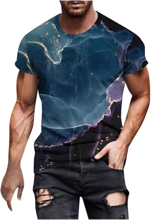 Men's Fashion Marble Printed Shirt Short Sleeve Crew Neck Casual Tshirt Loose Fit Lightweight Summer Outdoor Tee Tops