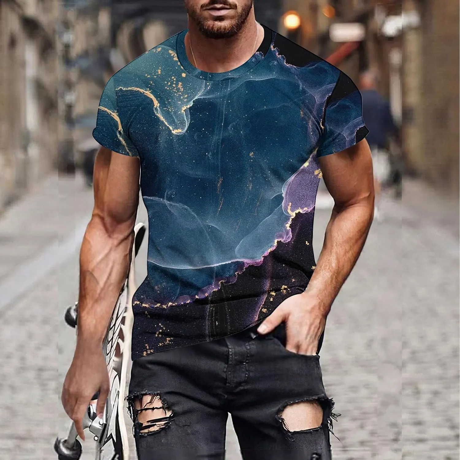 Men's Fashion Marble Printed Shirt Short Sleeve Crew Neck Casual Tshirt Loose Fit Lightweight Summer Outdoor Tee Tops