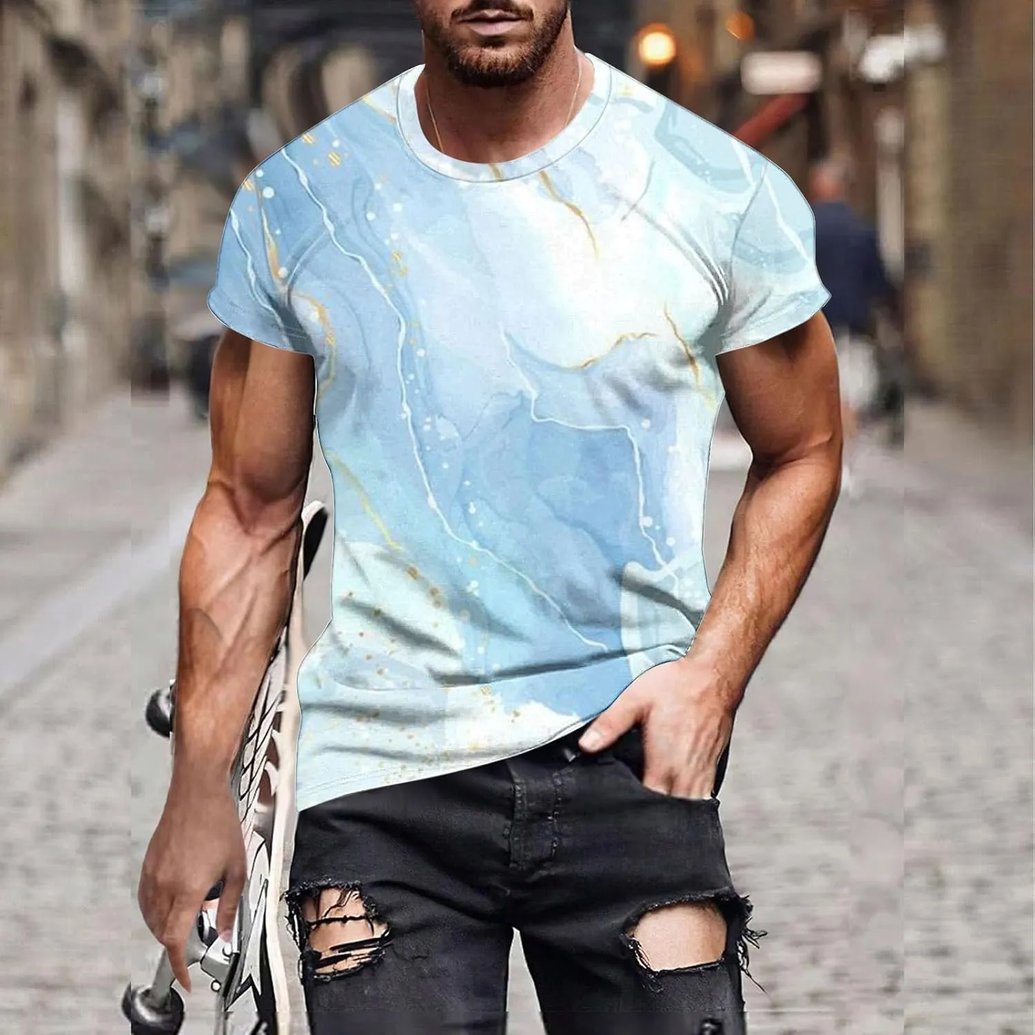 Men's Fashion Marble Printed Shirt Short Sleeve Crew Neck Casual Tshirt Loose Fit Lightweight Summer Outdoor Tee Tops