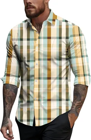 Mens Hawaiian Shirts Color Block Printed Casual Long Sleeve Button Down Turn Down Collar Slim Fit Beach Dress Shirts